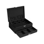 Sieradendoos, Sieradendoos, sieradendoos met 2 niveaus, één lade, met sleutel, voor ringen, oorbellen, kettingen en horloges, opbergen van juwelen, geschenk voor uw dierbaren, zwart
