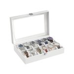 12-slot horlogebox, horloge-houder, met glazen deksel, verwijderbaar horlogekussen, fluwelen voering, metalen gesp, wit synthetisch leer, witte voering