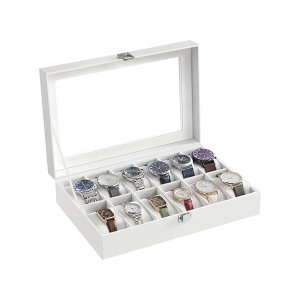 12-slot horlogebox, horloge-houder, met glazen deksel, verwijderbaar horlogekussen, fluwelen voering, metalen gesp, wit synthetisch leer, witte voering