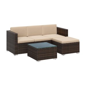 Tuinmeubelset, PE Outdoor Corner Sofa Couch, Handwoven Rattan Patio Conversation Set, met kussens en glazen tafel, bruin en taupe