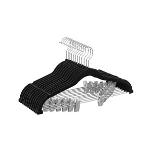 Broekhangers, fluweel met brug en clips, pakhanger, dunne, niet-slip, ruimtebesparing, 360 ° roteerbare haak voor kostuums, shirts, jassen, jassen, 42,5 cm, zwarte