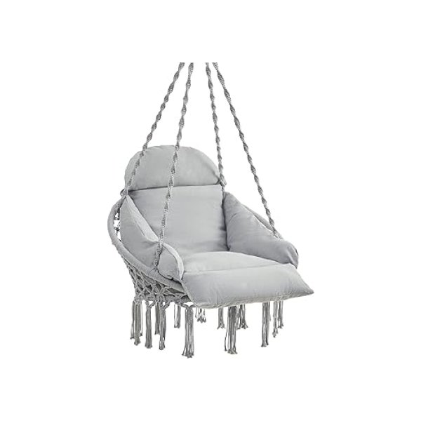 Hangstoel, hangmatstoel met grote, dikke kussen, boho zwenkstoel voor slaapkamer, patio, balkon, tuin, woonkamer, heeft maximaal 264 lb, grijs