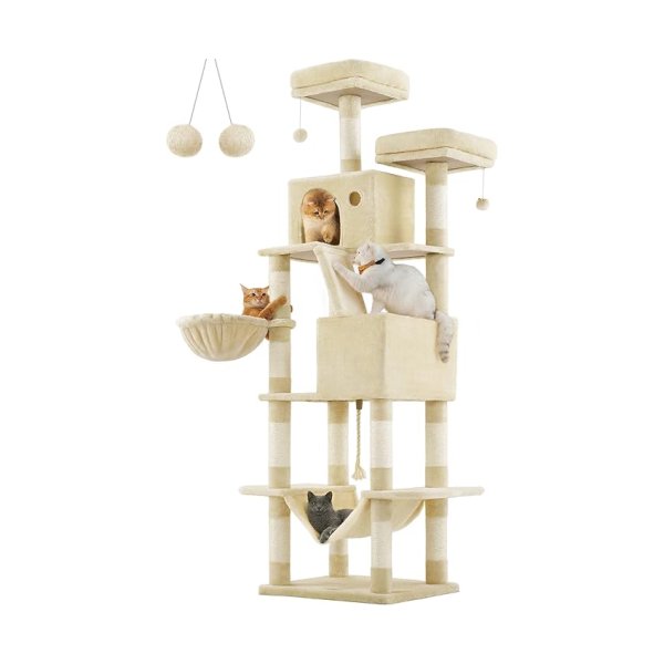 Krabpaal groot, 206 cm hoog, XXL kattenboom, met 13 krabzuilen, 2 platforms, 2 holletjes, mand, hangmat, pluche ballen, meerlaagse kattenkrabpaal, beige