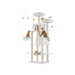 Krabpaal groot, 206 cm hoog, XXL kattenboom, met 13 krabzuilen, 2 platforms, 2 holletjes, mand, hangmat, pluche ballen, meerlaagse kattenkrabpaal, crèmewit