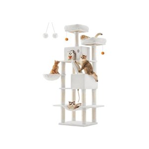 Krabpaal groot, 206 cm hoog, XXL kattenboom, met 13 krabzuilen, 2 platforms, 2 holletjes, mand, hangmat, pluche ballen, meerlaagse kattenkrabpaal, crèmewit