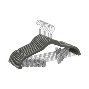 Trouser Hangers, set van 10 fluwelen hangers met verstelbare clips, 42,5 cm lang, niet-slip, ruimtebesparende, voor rokken, jassen, jurken, grijze