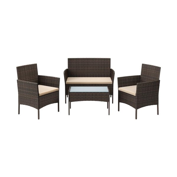 Buitentuinmeubels, meubelset, gevlochten oppervlak in PE, tafel en stoelen, voor terras, tuin, balkon, bruin en taupe