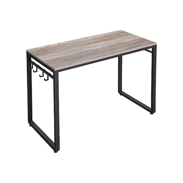 Computer Writing Desk, 39 inch kantoorstudietafel, werk vanuit huis, met 8 haken, metalen frame, industrieel, 39,4 ", Greige