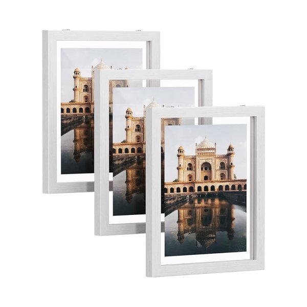 Set van 3 zwevende fotolijsten voor foto's 8 x 10 inch 2 glazen panelen voor staande, hangende, witte