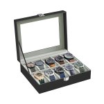 Bekijk doos met 10 slots, horloge met glazen deksel, horloge -displaybox met verwijderbare horlogekussens, metalen gesp, cadeau -idee, zwart synthetisch leer, groenachtige grijze voering JWB010BK