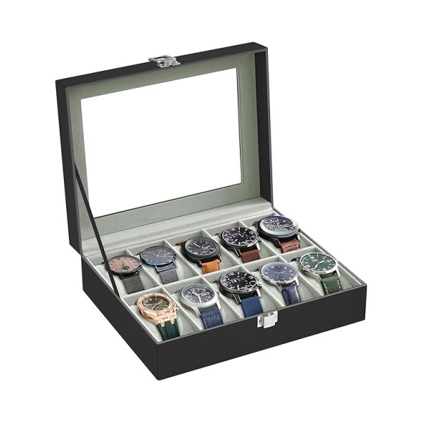 Bekijk doos met 10 slots, horloge met glazen deksel, horloge -displaybox met verwijderbare horlogekussens, metalen gesp, cadeau -idee, zwart synthetisch leer, groenachtige grijze voering JWB010BK
