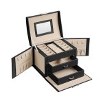 Sieradendoosje 3 niveaus, sieradendoos met handvat, 2 laden, sieradendoos met spiegel, slot, sieradenopslag voor reizen, modern, cadeau-idee, klassiek zwart JBC154B01