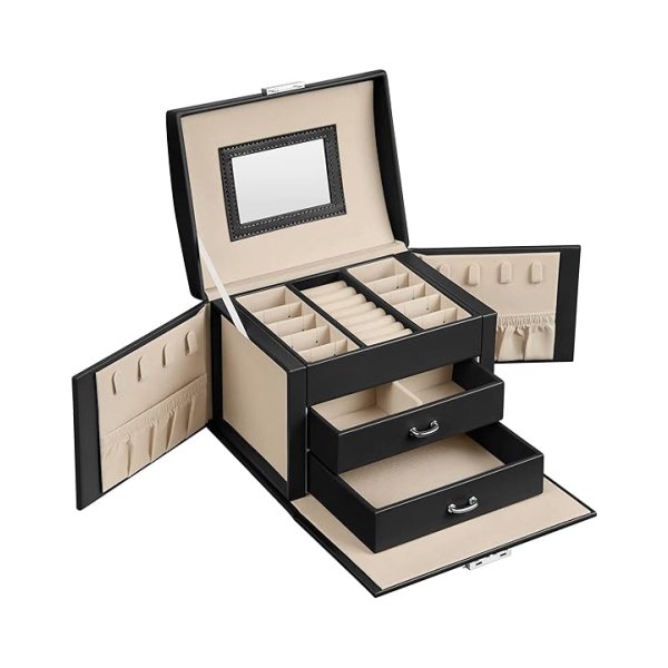Sieradendoosje 3 niveaus, sieradendoos met handvat, 2 laden, sieradendoos met spiegel, slot, sieradenopslag voor reizen, modern, cadeau-idee, klassiek zwart JBC154B01