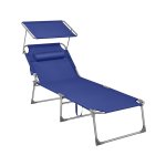 Lounger, zonnebank, grote liggende zonnestoel, 71 x 200 x 38 cm, laadcapaciteit 150 kg, met hoofdsteun, ligsteun, zonnescherm, opvouwbaar, voor tuin, donkerblauw