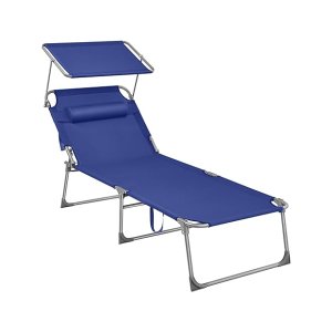 Lounger, zonnebank, grote liggende zonnestoel, 71 x 200 x 38 cm, laadcapaciteit 150 kg, met hoofdsteun, ligsteun, zonnescherm, opvouwbaar, voor tuin, donkerblauw