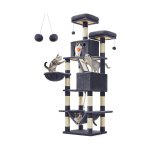 Krabpaal groot, 206 cm hoog, XXL kattenboom, met 13 krabzuilen, 2 platforms, 2 holletjes, mand, hangmat, pluche ballen, meerlaagse kattenkrabpaal, rookgrijs PCT190G01