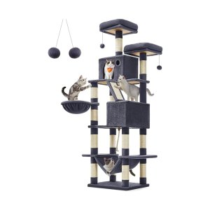 Krabpaal groot, 206 cm hoog, XXL kattenboom, met 13 krabzuilen, 2 platforms, 2 holletjes, mand, hangmat, pluche ballen, meerlaagse kattenkrabpaal, rookgrijs PCT190G01
