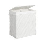 Wasmand met deksel, 110l wasmand 2 compartimenten, verwijderbare voeringen met handgrepen, handgeweven synthetisch rotan, voor slaapkamer, badkamer, wasruimte, 33 x 57 x 60 cm, witte