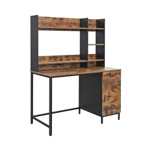 Bureau Computerbureau met plankindeling, bureau met kast en lade, industrieel ontwerp, 120 x 60 x 153 cm Vintage bruinzwarte LWD65X