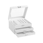 Sieradendoos, Juwelenkistje, juwelenkistje met 3 niveaus, juwelenkistje, fluweel, met glazen deksel, verschillende compartimenten voor halskettingen, armbanden, ringen, met slot en sleutel, wit