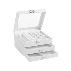 Sieradendoos, Juwelenkistje, juwelenkistje met 3 niveaus, juwelenkistje, fluweel, met glazen deksel, verschillende compartimenten voor halskettingen, armbanden, ringen, met slot en sleutel, wit