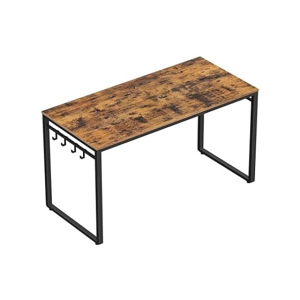 Computerbureau, schrijfbureau, thuiskantoor met 8 haken, 120 x 60 x 75 cm, voor studie en slaapkamer, gemakkelijke montage, staal, industrieel ontwerp, rustiek bruin en zwarte LWD58X