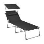 Ligstoel, zonnebank, grote liggende zonnestoel, 71 x 200 x 38 cm, laadvermogen 150 kg, met hoofdsteun, ligsteun, rugleuning, zonneschoon, opvouwbaar, voor tuin, zwarte