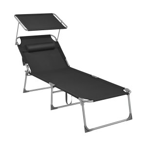 Ligstoel, zonnebank, grote liggende zonnestoel, 71 x 200 x 38 cm, laadvermogen 150 kg, met hoofdsteun, ligsteun, rugleuning, zonneschoon, opvouwbaar, voor tuin, zwarte