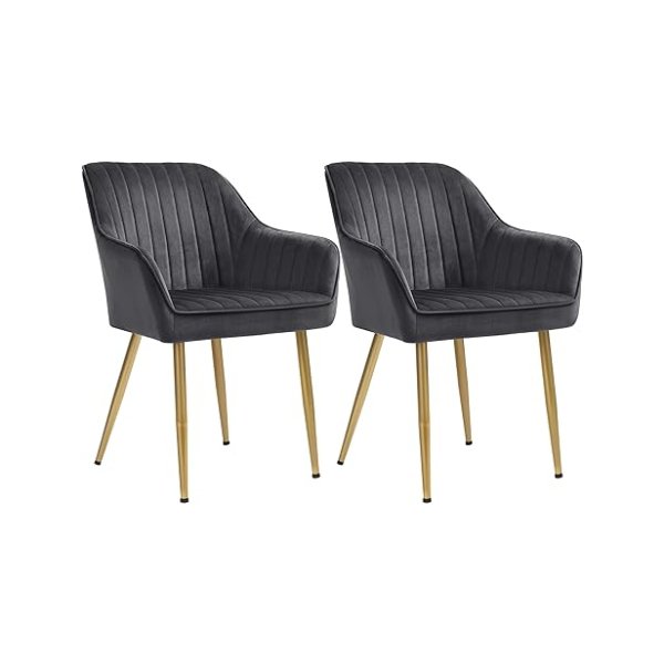 Set van 2 Eetstoelen – Grijs Fluweel met Gouden Metaal – Ergonomisch, Stabiel, met Armleuningen – Modern Design voor Eetkamer, Woonkamer, Slaapkamer