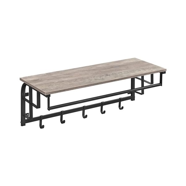 Wandkast, wandkast met plank, wandkast met 5 verwijderbare haken, hoedplank, voor gang, slaapkamer, badkamer en woonkamer, 80 x 30 x 27 cm, Greige-black,