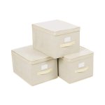 Vouwboxen, set van 3, opbergdozen met deksel, stoffenboxen met labelhouder, opslagmanden, speelgoedorganisator, 40 x 30 x 25 cm, beige
