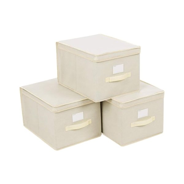 Vouwboxen, set van 3, opbergdozen met deksel, stoffenboxen met labelhouder, opslagmanden, speelgoedorganisator, 40 x 30 x 25 cm, beige