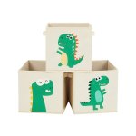 Opbergdozen, set van 3, opbergmanden, speelgoedopslag, stoffenboxen, 30 x 30 x 30 cm, opvouwbaar, met handgrepen, slaapkamer, speelkamer, dinosaurussen, beige