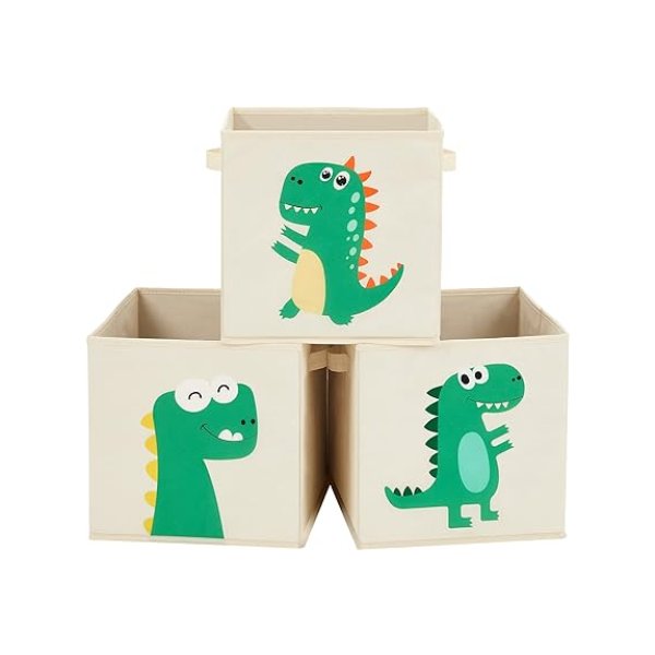 Opbergdozen, set van 3, opbergmanden, speelgoedopslag, stoffenboxen, 30 x 30 x 30 cm, opvouwbaar, met handgrepen, slaapkamer, speelkamer, dinosaurussen, beige