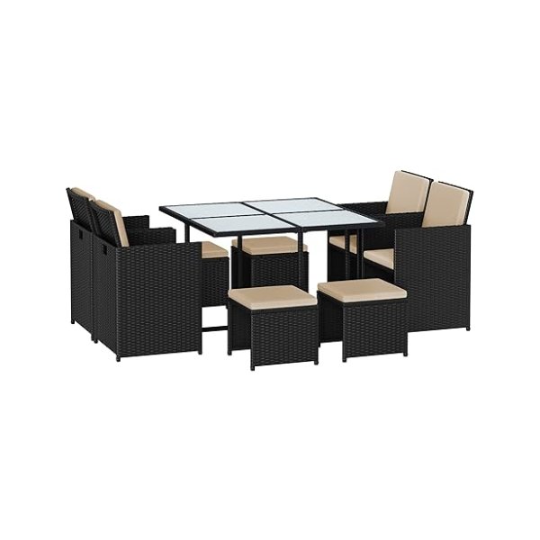 Tuinmeubilair set eettafel en stoelen, set van 9 pe rattan buiten terrasmeubilair, eetgelegenheid, glazen bovenste salontafel, met kussens, ruimtebesparende, zwart en beige