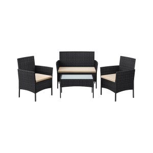 Buitentuinmeubels, meubelset, gevlochten oppervlak in PE, tafel en stoelen, voor terras, tuin, balkon, zwart en taupe GGF004B05
