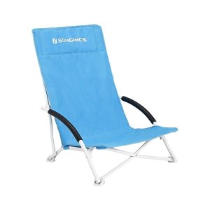 Strandstoel met hoge rugleuning, draagbare vouwstoel, vouwkampingsstoel, opvouwbare, lichtgewicht, comfortabele en zware buitenstoel met draagtas, lichtblauw