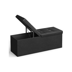 43 inch vouwopslag Ottomaanse bank met flipping deksel, opbergkistvoetsteun met gewatteerde stoel met ijzeren frame -ondersteuning, zwarte