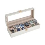 Bekijk doos met 6 slots, horloge met glazen deksel, horloge -displaybox met verwijderbare horlogekussens, metalen gesp, cadeau -idee, cloud wit synthetisch leer, cappuccino beige voering