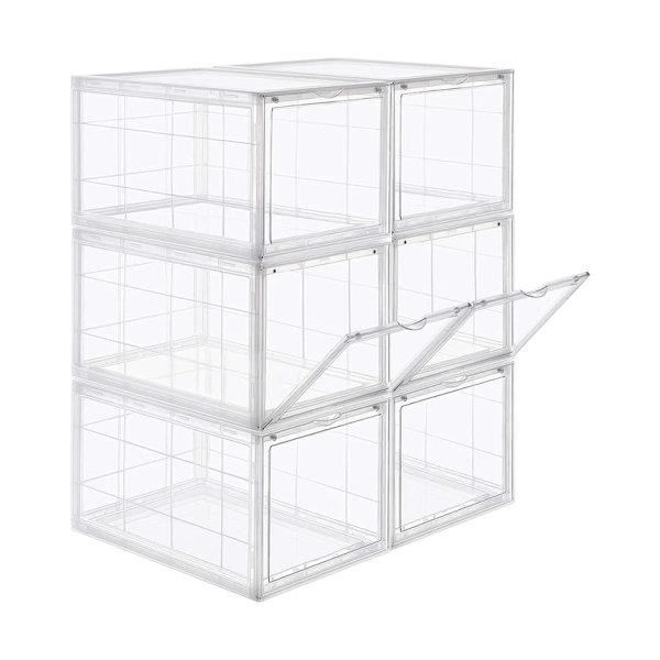 Schoenendoos, stapelbare schoenorganisator, plastic doos met transparante deur, schoenopslag, gemakkelijk te monteren, set van 6, 28 x 36 x 22 cm, voor schoenen tot maat 46, transparant