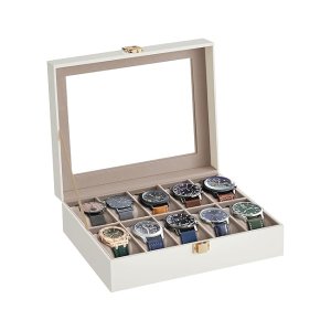 Bekijk doos met 10 slots, horloge met glazen deksel, horloge -displaybox met verwijderbare horloge kussens, metalen gesp, cadeau -idee, cloud wit synthetisch leer, cappuccino beige voering