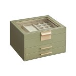 Sieradendoos, sieradendoos 3 niveaus, juwelenbox met glazen deksel, 2 laden, sieradenopslag, opslag, modern, cadeau-idee, 8 x 9 x 5,3 inch, avocado groen-goud