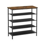 Schoenstand 5 Laag, schoenopslagorganisator smal, met 4 stoffen planken en bovenkant voor zakken, stalen frame, voor ingang, garderobe, industrieel, rustiek bruin en zwart