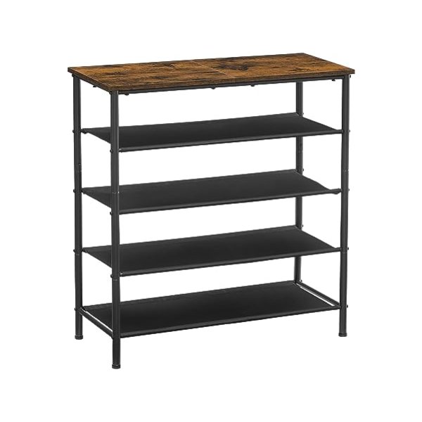Schoenstand 5 Laag, schoenopslagorganisator smal, met 4 stoffen planken en bovenkant voor zakken, stalen frame, voor ingang, garderobe, industrieel, rustiek bruin en zwart