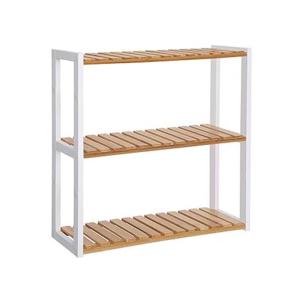 Bamboo Badkamerplank, 3 -laags verstelbare plantenplank, muur gemonteerd of stand, woonkamer, balkon, keuken, natuurlijk en wit
