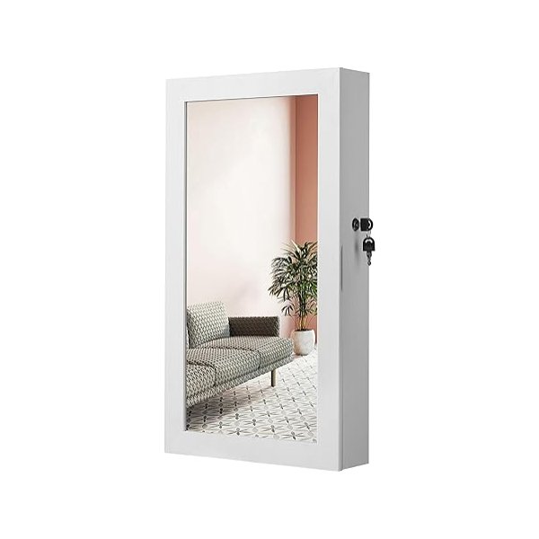 Afsluitbare sieradenkast Armoire met spiegel, muur gemonteerde ruimtebesparende sieradenopslagorganisator, kerstcadeaus, witte