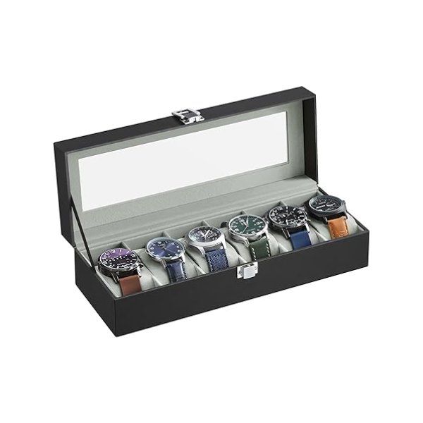 Horlogebox - LuxeTime - 6 vakken - Glazen deksel - Zwart