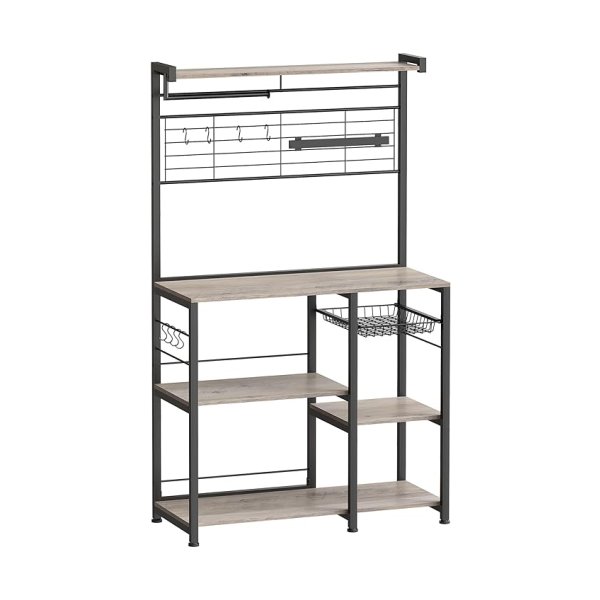 Keukenrek, staande plank, keukenwerkplaat, keukeneiland met magnetische strip voor messen, draadmand, keukenrolhouder, 12 haken, greige-black