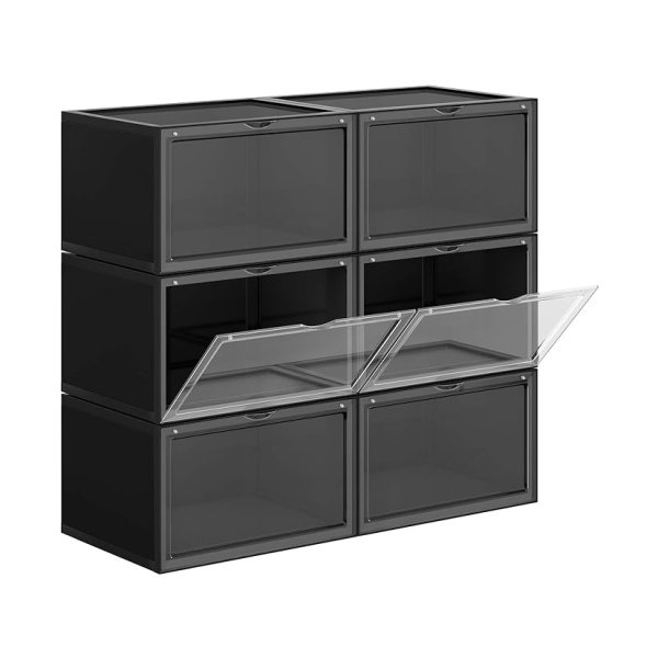 Schoenendozen, set van 6, stapelbare schoenorganisatoren, plastic dozen met transparante deur, schoenopslag, voor schoenen tot grootte 46, 36 x 28 x 22 cm, zwarte