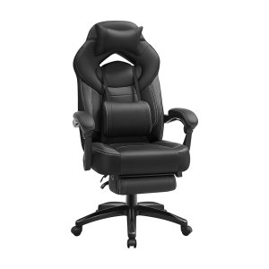 Ergonomische gaming -stoel Bureaustoel met telescopische voetsteun, verstelbare hoofdsteun, lumbale ondersteuning, laadvermogen 150 kg, zwart